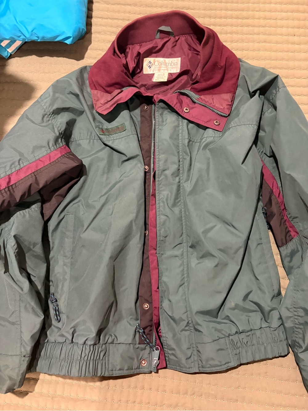 Columbia Green and Burgundy Rain Jacket